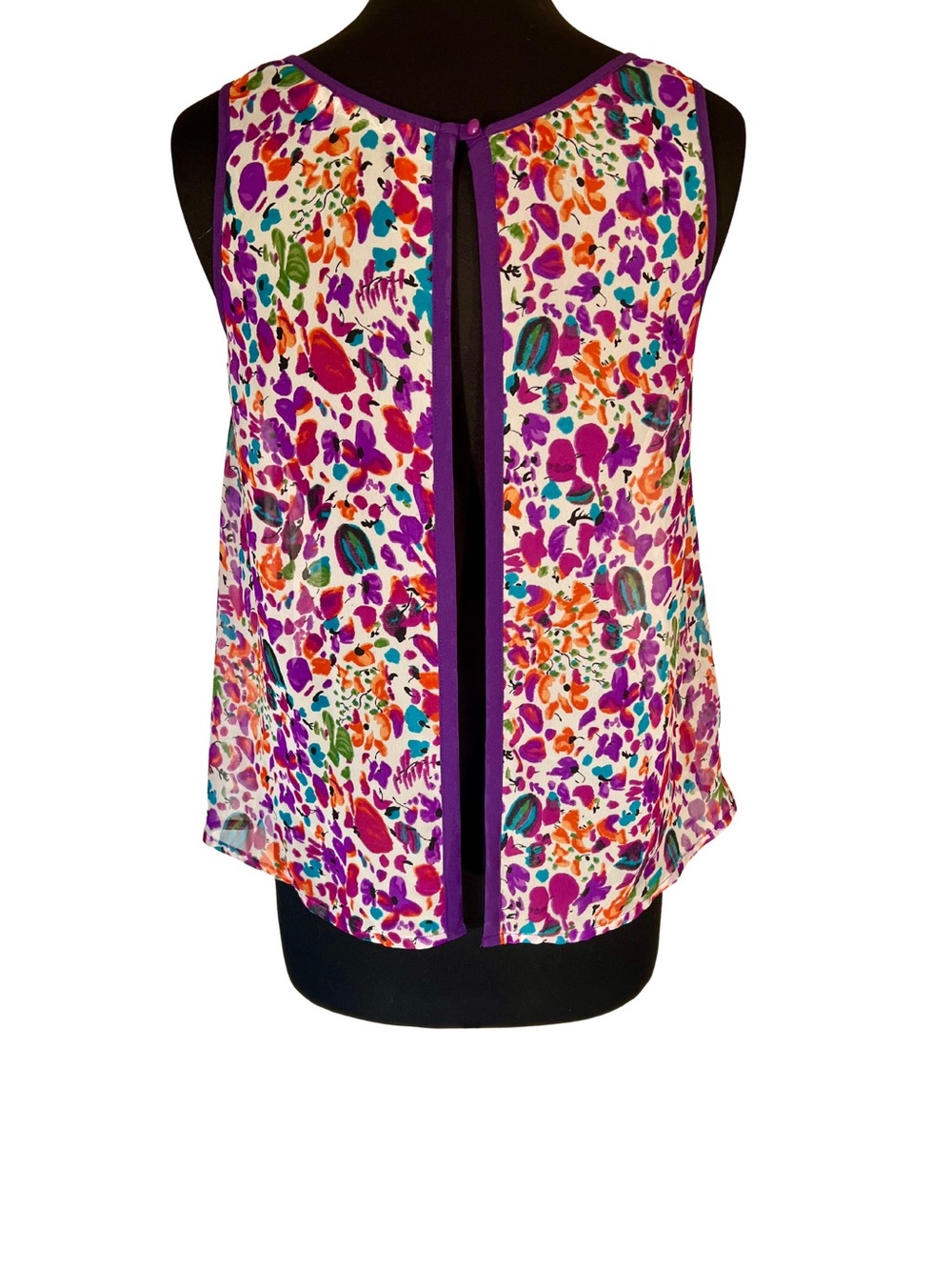 Open Back Single Button Bright Purple Multi-Color Floral Tank Top - Women’s